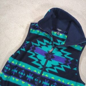 Chaps Women's Southwest Vest Aztec Full Zip Fleece Tribal Blue Teal Vintage